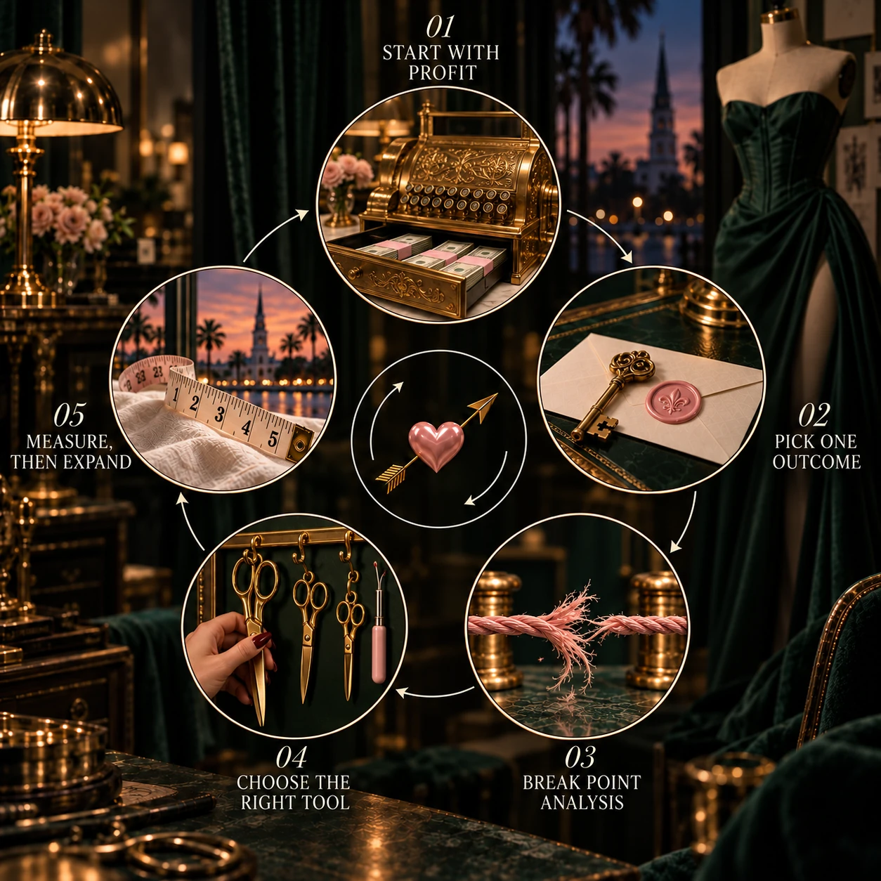 The AI ROI Method™ wheel in five steps: 01 Start with Profit, 02 Pick One Outcome, 03 Break Point Analysis, 04 Choose the Right Tool, 05 Measure, Then Expand.