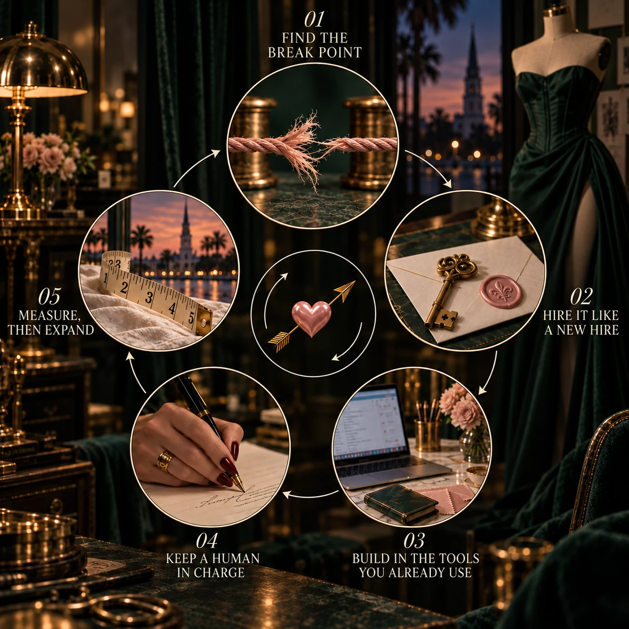 The AI ROI Method™ wheel in five steps: 01 Find the Break Point, 02 Hire It Like a New Hire, 03 Build in the Tools You Already Use, 04 Keep a Human in Charge, 05 Measure, Then Expand.