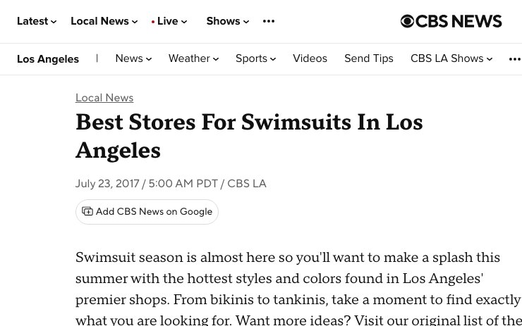 CBS Los Angeles article, Best Stores For Swimsuits In Los Angeles, July 2017